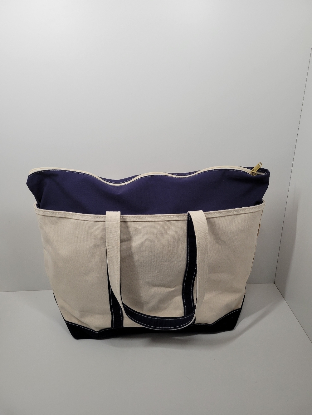 Vtg L.L. Bean Boat and Tote Lrg Beige Navy Blue Double Handles Canvas Tote Bag - Picture 4 of 6